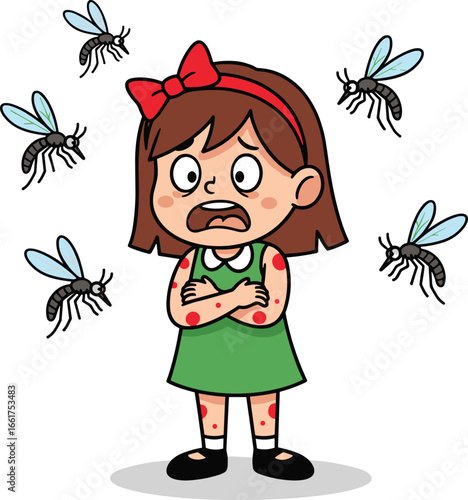 Cartoon girl with mosquito bites, distressed child in green dress and red bow, surrounded by insects, itchy skin irritation vector illustration, isolated design