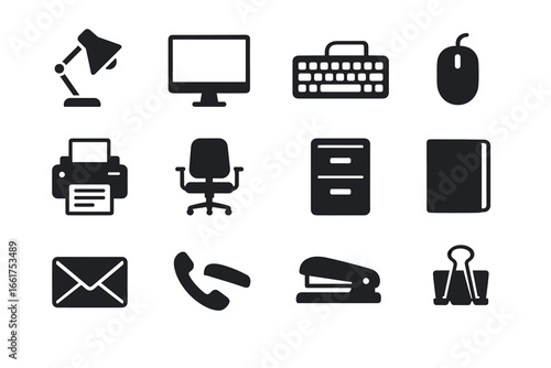 Office icons: desk lamp, computer, keyboard, mouse, printer, chair, files, notebook, email, phone, stapler, binder clips
