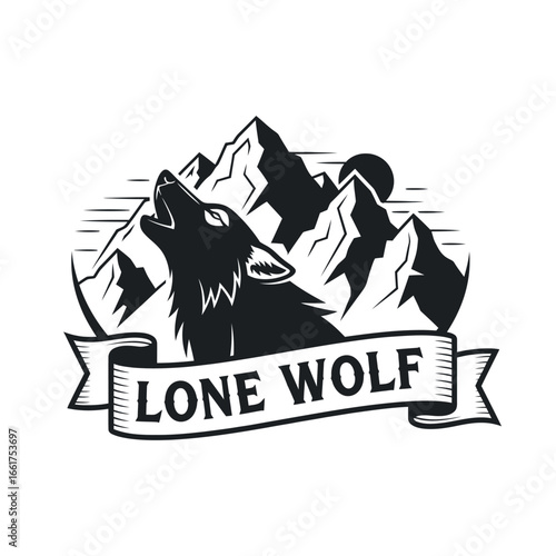 A lone wolf howls against a backdrop of majestic mountains under the night sky.