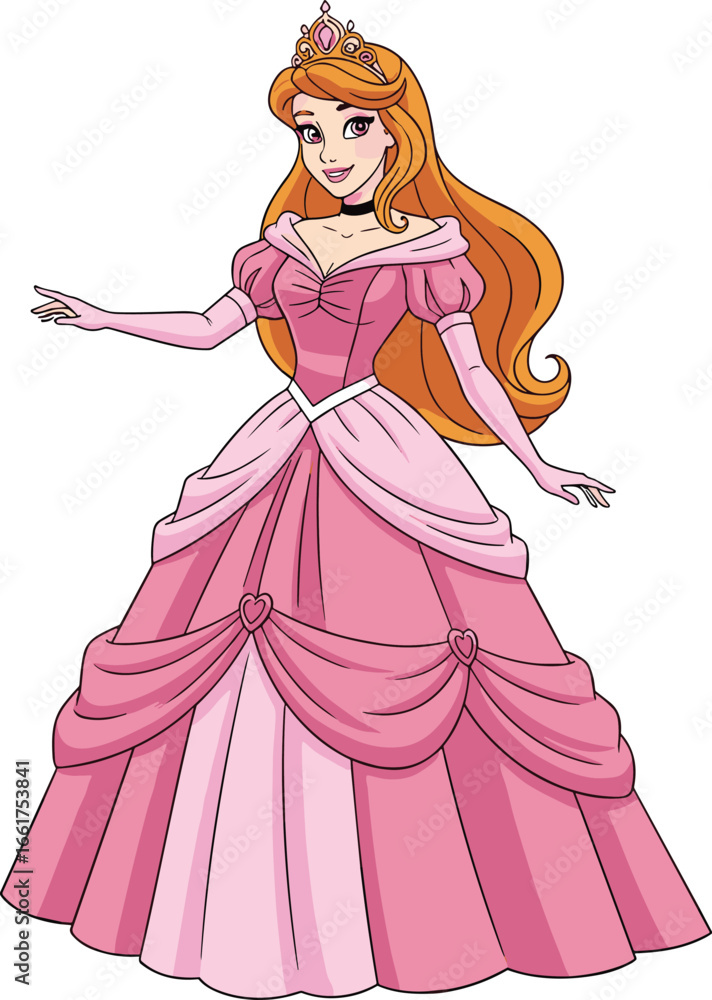 Fototapeta premium Cartoon princess character vector illustration, wearing layered pink gown with hearts, jeweled crown, long orange hair, royal fairy‑tale design, isolated background