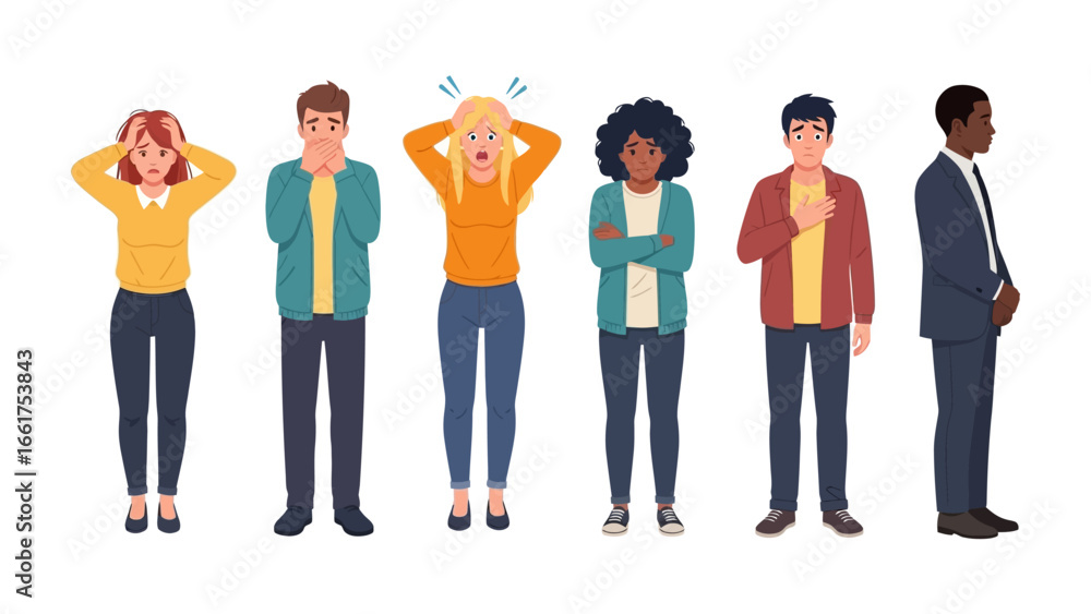 Fototapeta premium Human Expressions: A diverse group of individuals express a range of emotions, from shock and confusion to relief, embodying the spectrum of human experience.