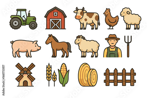 Farm icons set: tractor, barn, animals, windmill, crops, farmer