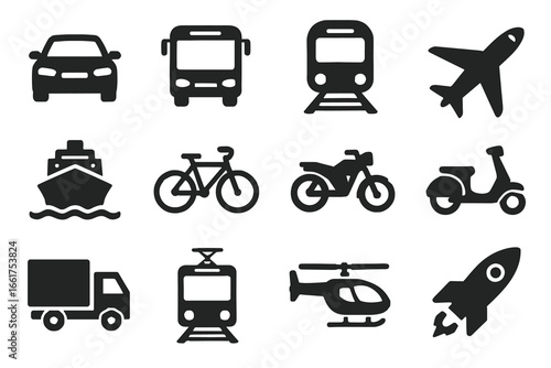 Black icons of various transportation modes including car, bus, and airplane