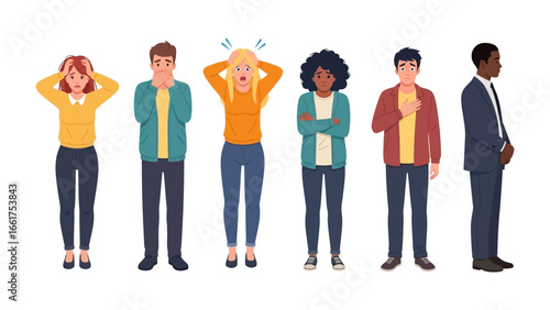 Human Expressions: A diverse group of individuals express a range of emotions, from shock and confusion to relief, embodying the spectrum of human experience.