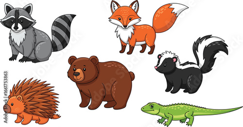 Cartoon wild animal set vector illustration, raccoon, fox, skunk, bear, porcupine, and lizard characters, cute wildlife design for education and nature themes