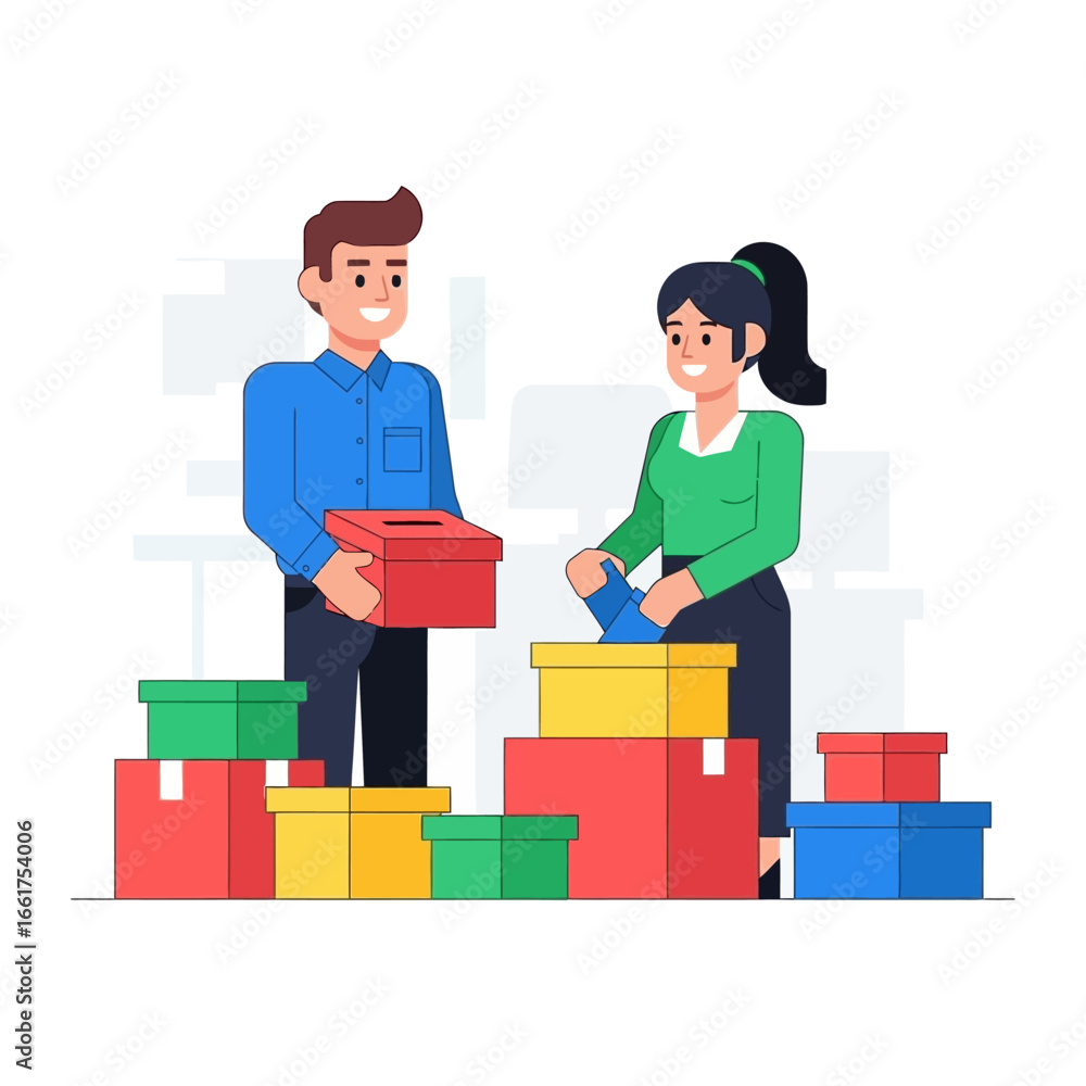 Obraz premium Community Volunteers: Two friendly volunteers are sorting donation boxes. A heartwarming image emphasizing acts of kindness, community engagement, and the spirit of giving, set against a bright.