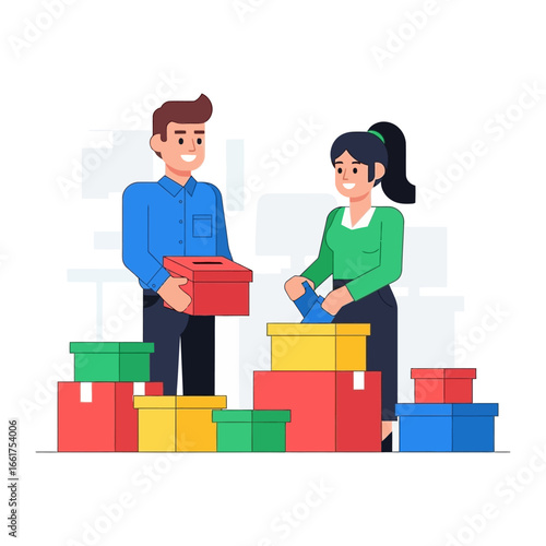 Community Volunteers: Two friendly volunteers are sorting donation boxes. A heartwarming image emphasizing acts of kindness, community engagement, and the spirit of giving, set against a bright.