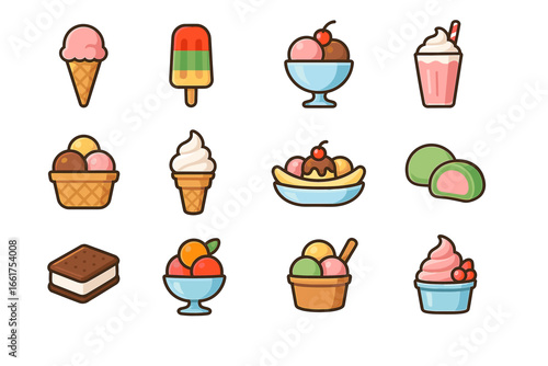 Colorful ice cream and dessert icons set with various sweet treats