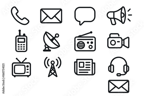 Icon set of communication devices and symbols including phone, email, satellite, and tv