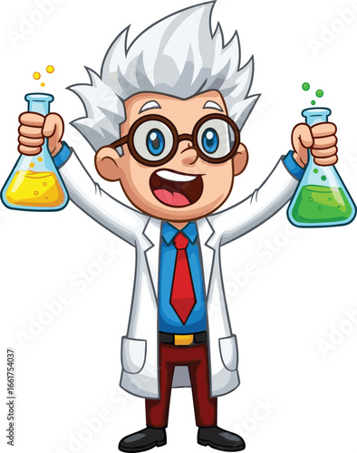 Cartoon scientist character vector illustration, wearing white lab coat and glasses, holding flasks with colorful liquids, science experiment concept, laboratory research scene, isolated background