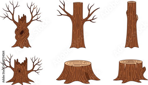Tree trunks and stumps vector illustration, detailed wood texture, cut log designs, forestry elements, natural timber clipart, isolated nature graphic set