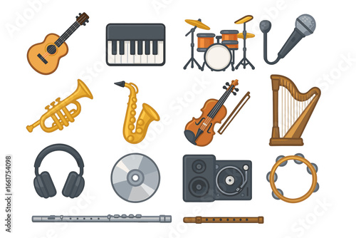 Musical instrument collection: guitar, piano, drums, microphone, violin, harp, saxophone, trombone, flute, tambourine