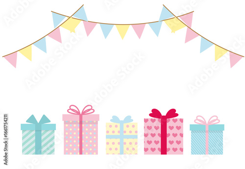 誕生日プレゼントの並んだカラフルで可愛い誕生日カードのイラスト