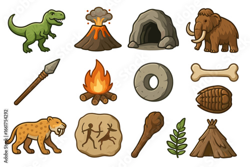 Prehistoric life: dinosaurs, mammoths, caveman tools, fire, and stone age artefacts