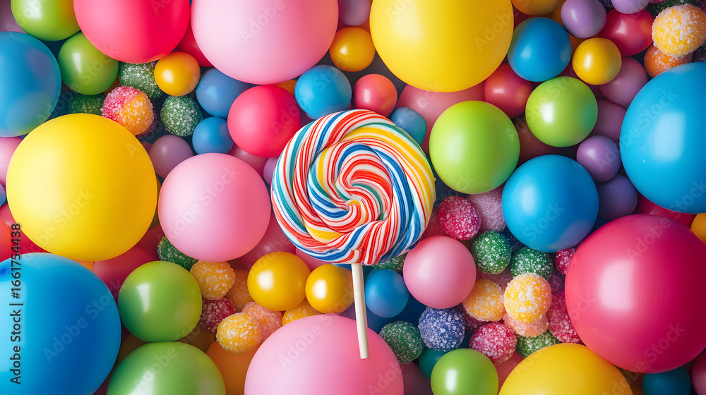 Obraz premium Colorful lollipop surrounded by balloons and candy. Sweet treats background.