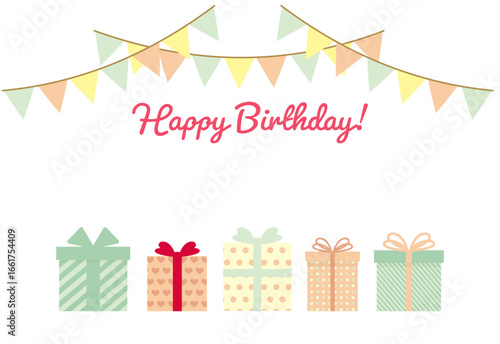 誕生日プレゼントの並んだカラフルで可愛い誕生日カードのイラスト