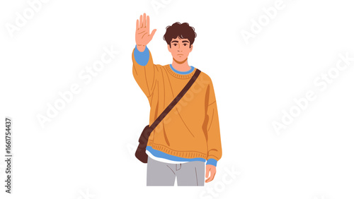 Greeting Gesture: A person offers a friendly wave, their hand lifted in greeting or farewell, conveying a simple message of acknowledgment or hello.