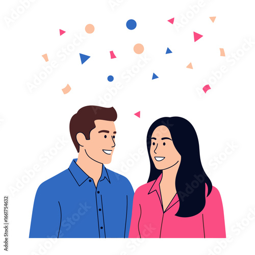 Radiant Romance: An illustration depicting a man and woman sharing a tender moment, immersed in a confetti shower of joyous celebration.