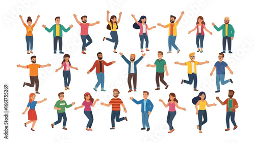 A Diverse Ensemble of Joyful Individuals: A dynamic illustration capturing a diverse array of people in moments of uninhibited joy. Each figure embodies unique expressions and gestures.