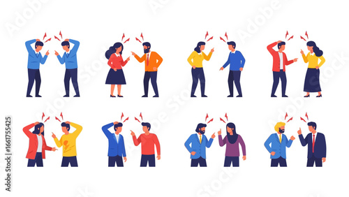 Conflict Resolution: A series of diverse individuals engaged in intense discussions, their expressions conveying strong emotions and disagreements.