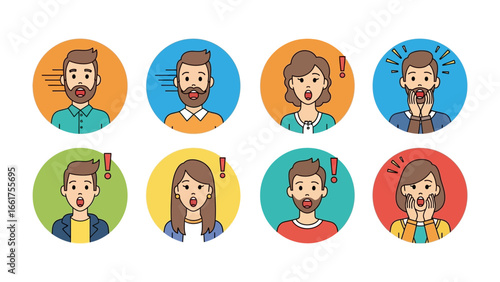Surprised Faces in Circles: A collection of diverse characters, each framed within a colorful circle, express shock, wonder, and amazement, featuring unique facial expressions and visual details.