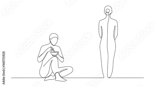 Minimalist Line Art: A simple line drawing depicts a contemplative scene of an individual eating, juxtaposed with a figure in quiet reflection, exuding a sense of introspection and peace.
