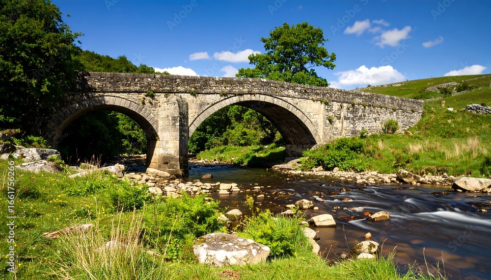 Fototapeta premium Stone Arch Bridge Over River, Sunny Day
