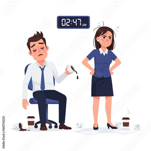Exhausted workers: An illustration showcasing the effects of overwork, featuring a tired individual with spilled coffee and an annoyed colleague, highlighting burnout in a professional setting.
