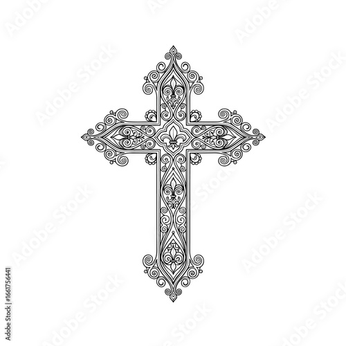 An ornate black and white cross design features intricate scrollwork and a fleur-de-lis, ideal for religious or decorative purposes.
