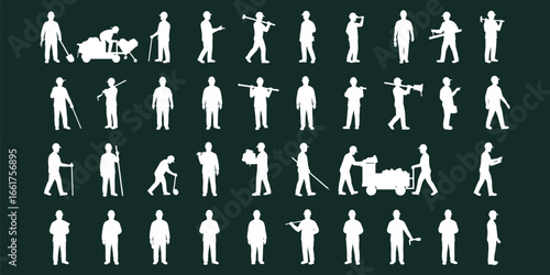 Construction worker silhouettes, industrial labor vector, building staff illustration, engineering job icons, construction site people, worker tools, industry team, vector artwork