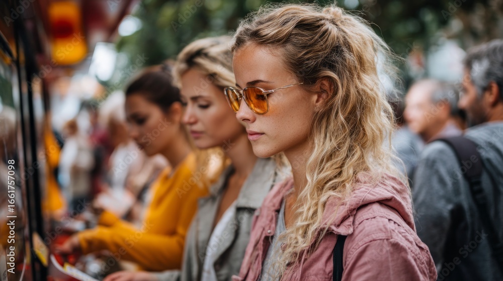 Obraz premium Young women purchasing train tickets at a busy station during the daytime