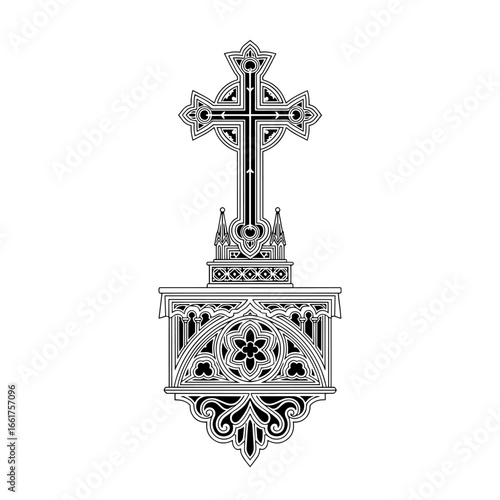 A black and white drawing displays a detailed ornate cross positioned on top of a decorated altar, suitable for illustrating religious themes or architectural designs.