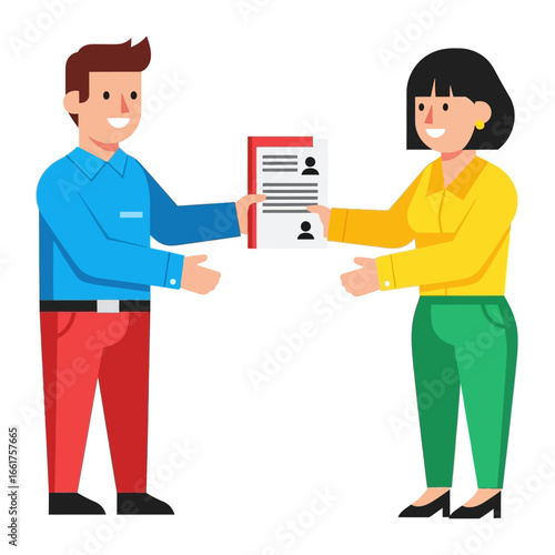 Resume Exchange: Two figures engaged in a professional exchange, a vivid illustration of a resume transfer, encapsulating a seamless handoff in a contemporary design style.