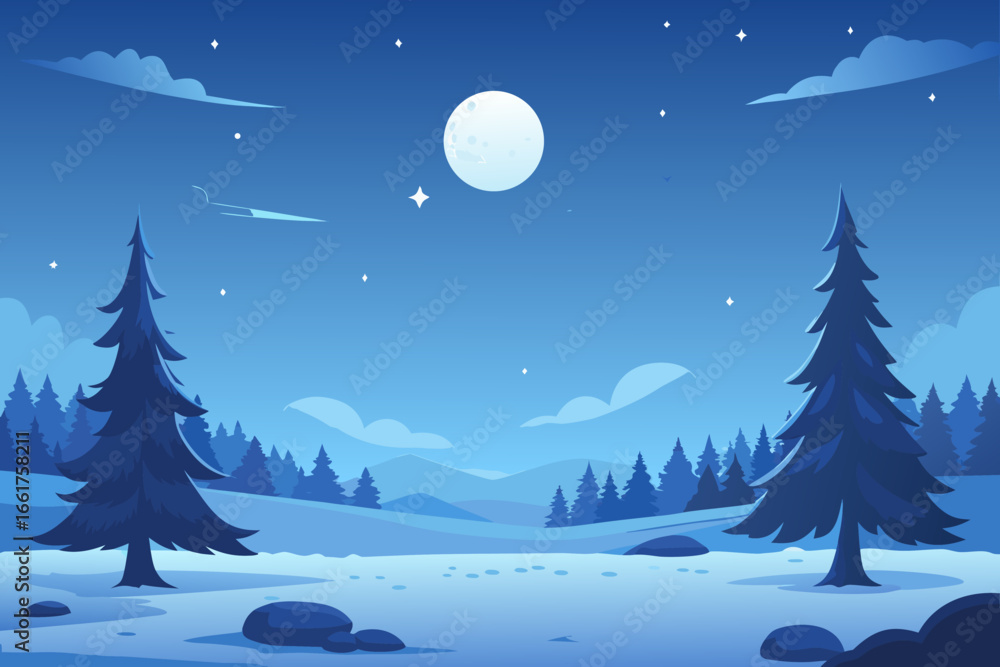 Fototapeta premium A serene winter landscape with pine trees under a full moon night sky