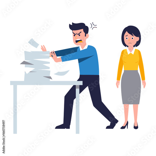 Angry Man at Desk: An illustration of a frustrated man angrily throwing papers on a desk, with a concerned woman standing nearby.