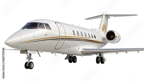 A modern luxury private jet with white body and sleek golden details, isolated on a white background.
