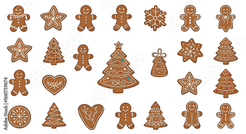 Assortment of christmas gingerbread cookies in various shapes and sizes