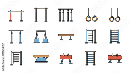 Gymnastic Equipment Set: A comprehensive illustration of various gymnastic apparatuses in a dynamic design, perfect for illustrating fitness and athleticism.