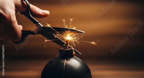 Scissors cutting a lit bomb fuse, a concept for risk, deadline, and crisis management. Defusing a bomb with scissors, stopping danger. Cutting a bomb fuse, a concept of last minute action.