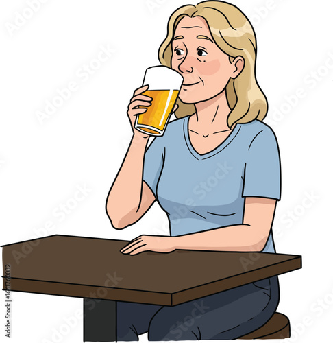 Illustration of a middle aged blonde woman enjoying her beer, isolated on white background