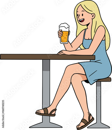 Illustration of a blonde woman with blue dress enjoying her beer on a bar table, isolated on white background