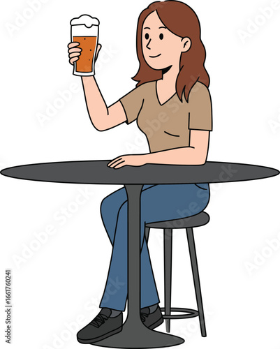 Illustration of a young woman sitting at a bar table raising her beer in a toast, isolated on white background