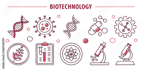 Collection of 40 minimal line icons for biotechnology and science concepts