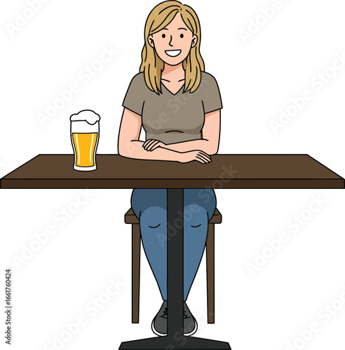 Illustration of a blonde woman sitting on a bar table with one glass of beer, isolated on white background