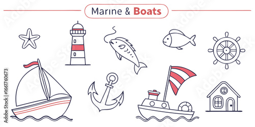 Set of 40 minimal line icons themed around marine life and ocean elements