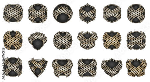Collection of decorative shields with crossed ribbon like embellishments