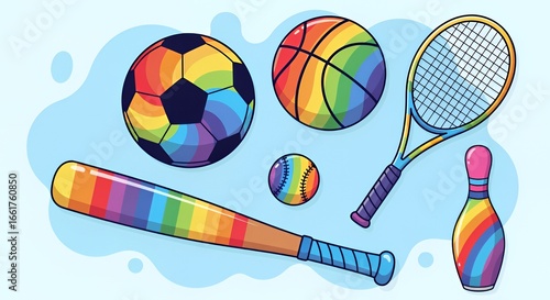 Rainbow Sports Equipment: A vibrant illustration of various sports items, each adorned with the colors of the rainbow, promoting inclusivity and diversity in sports.