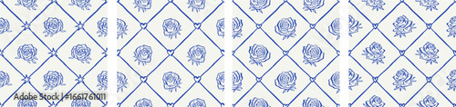 Rose flowers and heart blue and beige seamless pattern with trellis grid