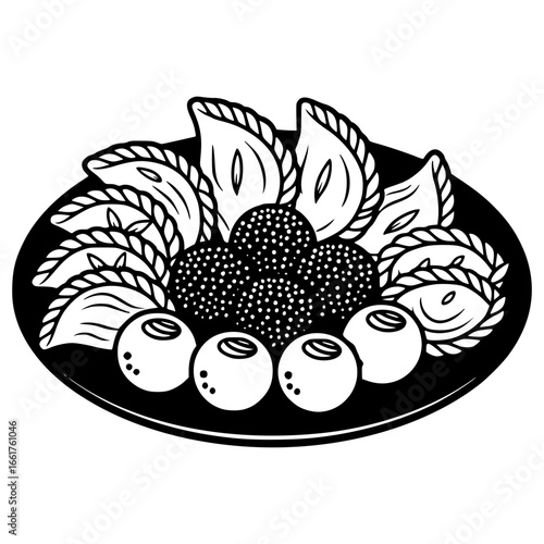 Diwali food: A monochromatic plate of diwali sweetsarrangements. The arrangement showcases a collection of flavorful and delicious delicacies, arranged in an inviting manner. Diwali sweets