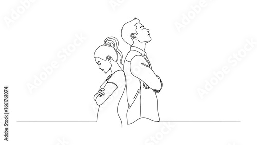 Silent Disagreement: A minimalist sketch portrays a man and woman in disagreement, standing back-to-back in a stark illustration of conflict and discord. 